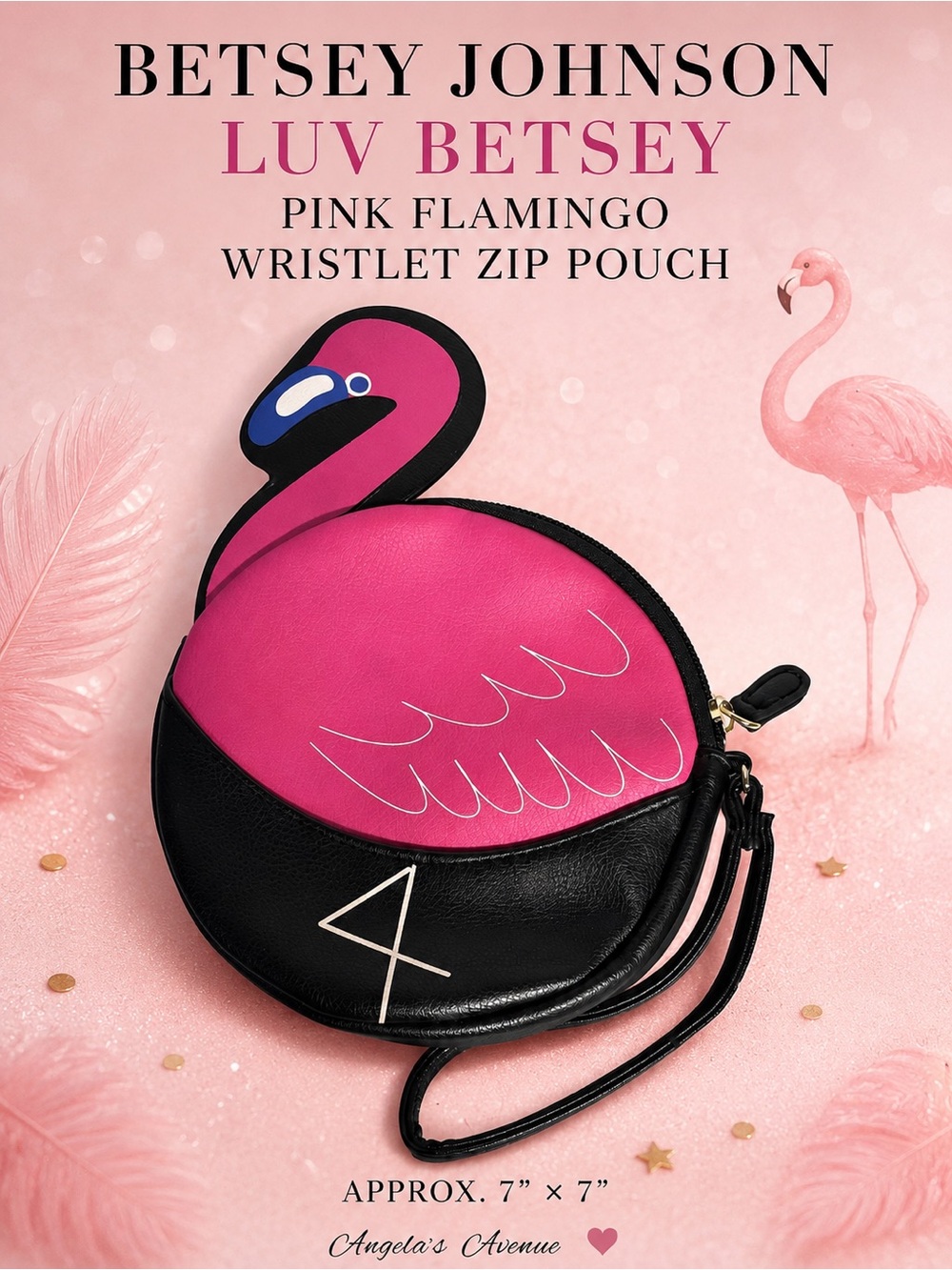 Betsey Johnson Luv Betsey Pink and Black Flamingo Wristlet Zip Pouch🦩